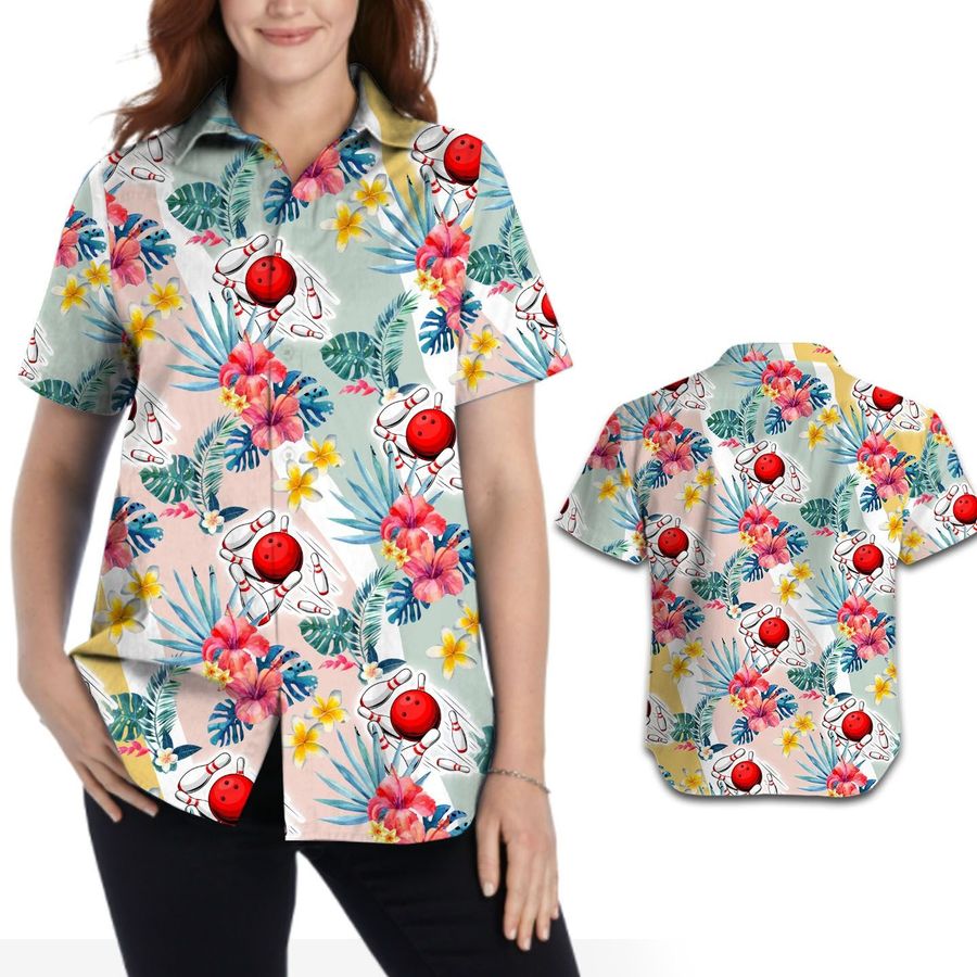 Cute Bowling Hawaiian Floral Hibiscus Women Aloha Tropical Shirt For Bowlers And Sport Lovers On Beach Summer Vacation