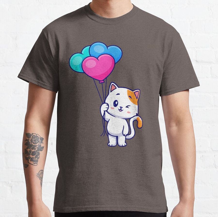 cute cat holding love heart balloon  Classic T-Shirt