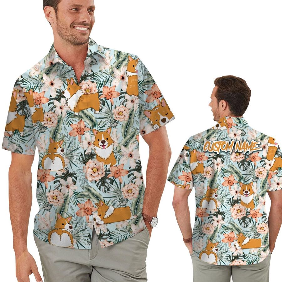 Cute Corgi Retro Hawaiian Aloha Floral Tropical Men Custom Name Beach Button Up Shirt For Dog Lovers On Summer Vacation