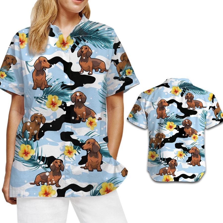 Cute Dachshund Camo Hibiscus Hawaiian Women Button Up Aloha Tropical Shirt For Dog Lovers And Owners On Beach Summer Vacation