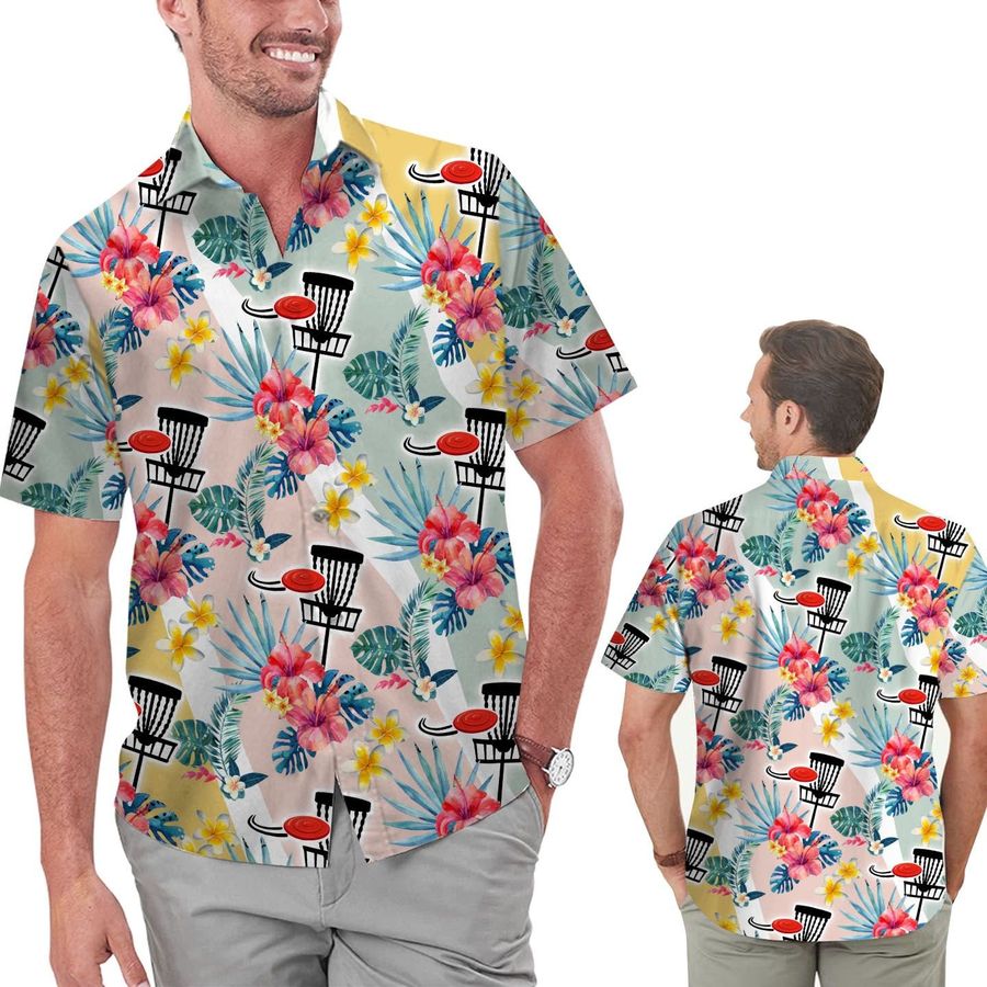Cute Disc Golf Hawaiian Floral Hibiscus Men Aloha Tropical Shirt For Disc Golfers And Sport Lovers On Beach Summer Vacation