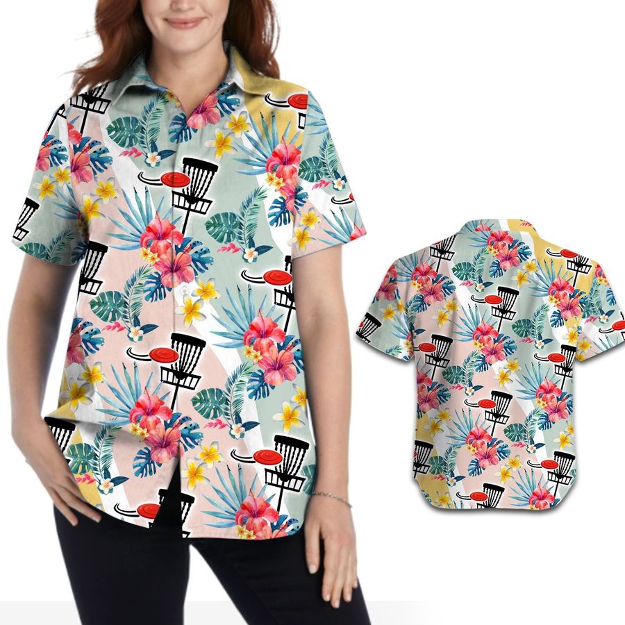 Cute Disc Golf Hawaiian Floral Hibiscus Women Aloha Tropical Shirt For Disc Golfers And Sport Lovers On Beach Summer Vacation