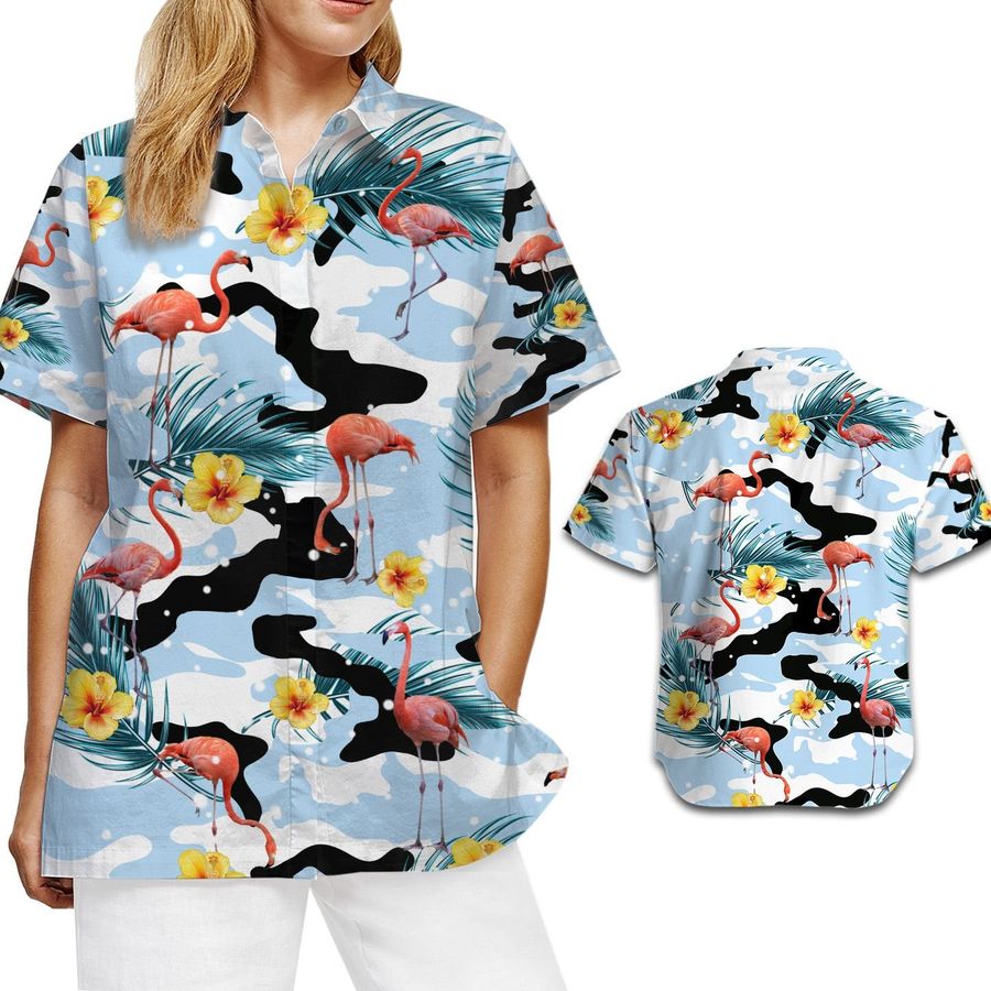 Cute Flamingo Camo Hibiscus Hawaiian Women Button Up Aloha Tropical Shirt For Bird Lovers And Owners On Beach Summer Vacation