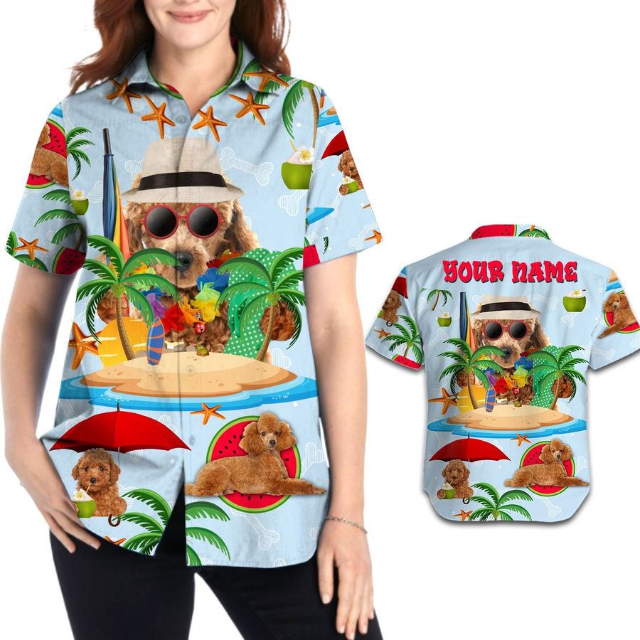 Cute Poodle Aloha Tropical Coconut Tree Custom Name Personalized Women Button Up Hawaiian Shirt For Dog Lovers In Summer
