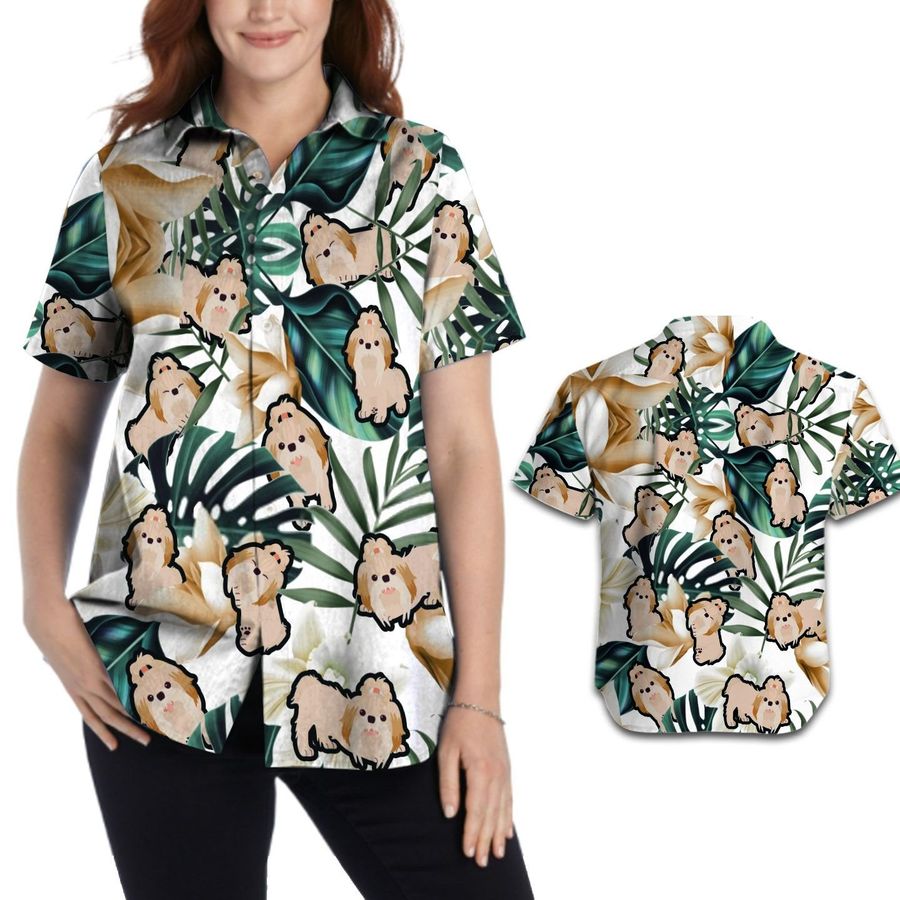 Cute Shih Tzu Women Hawaiian Aloha Tropical Floral Beach Button Up Shirt For Dog Lovers On Summer Vacation