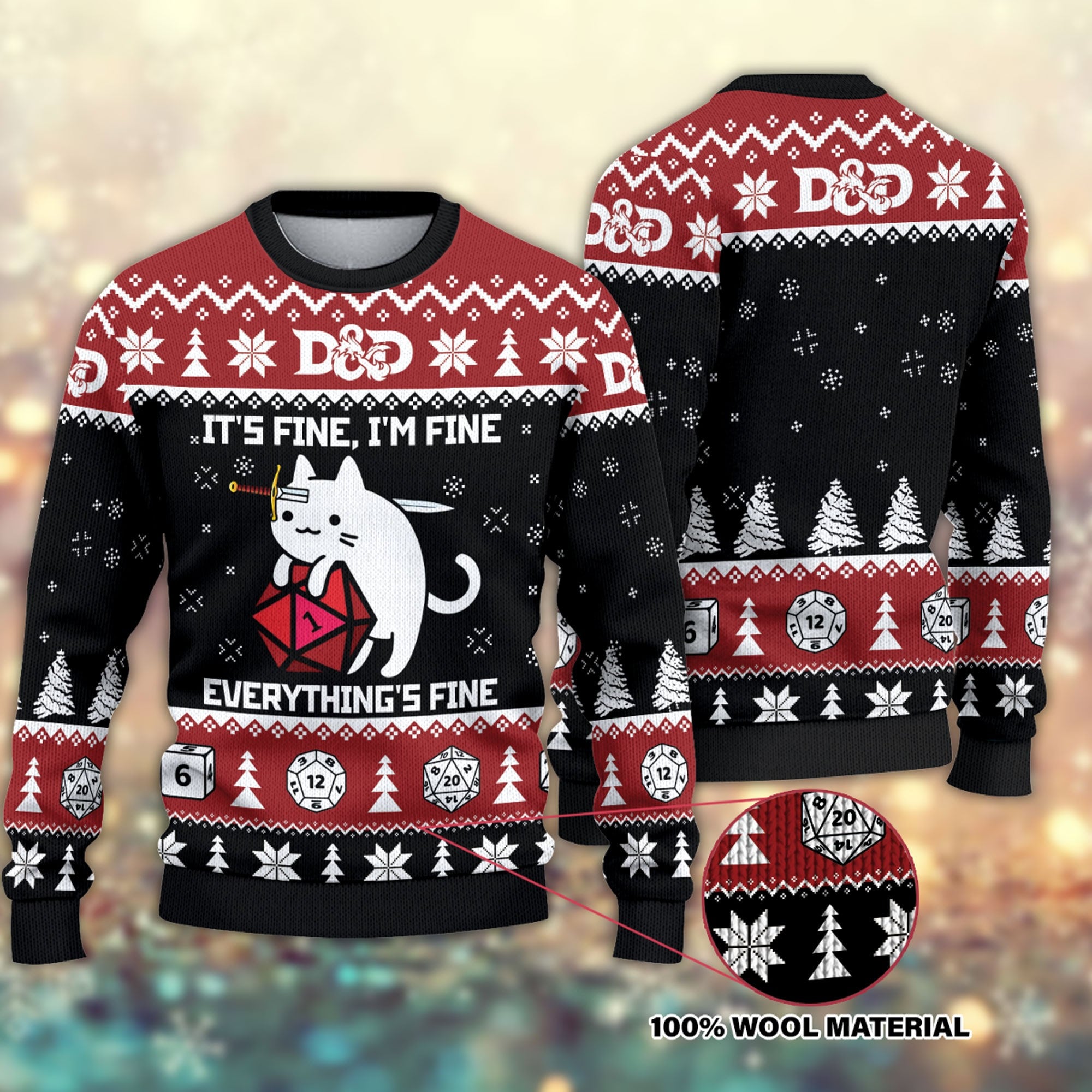 D&d Dragon Cat It's Fineything Fine Ugly Christmas Happy Xmas Wool Knitted Sweater