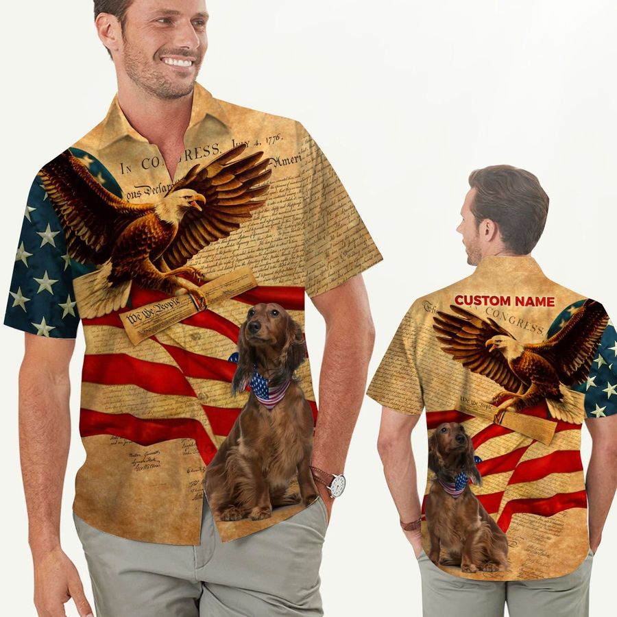Dachshund Independence Day Patriot Vintage Custom Name Men Hawaiian Shirt