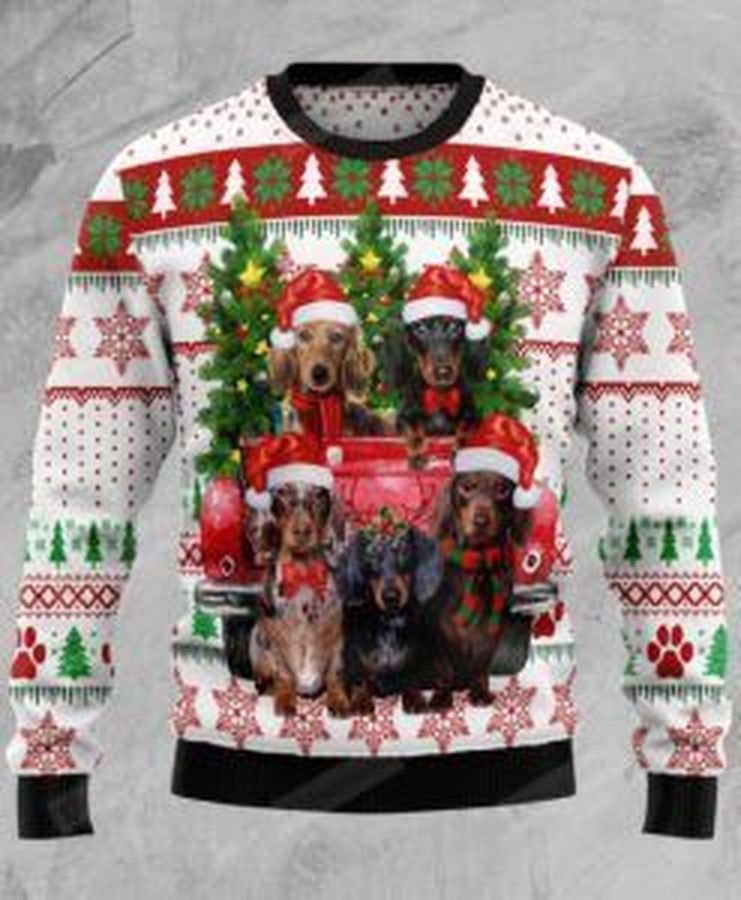 Dachshund Red Truck Ugly Christmas Sweater, All Over Print Sweatshirt