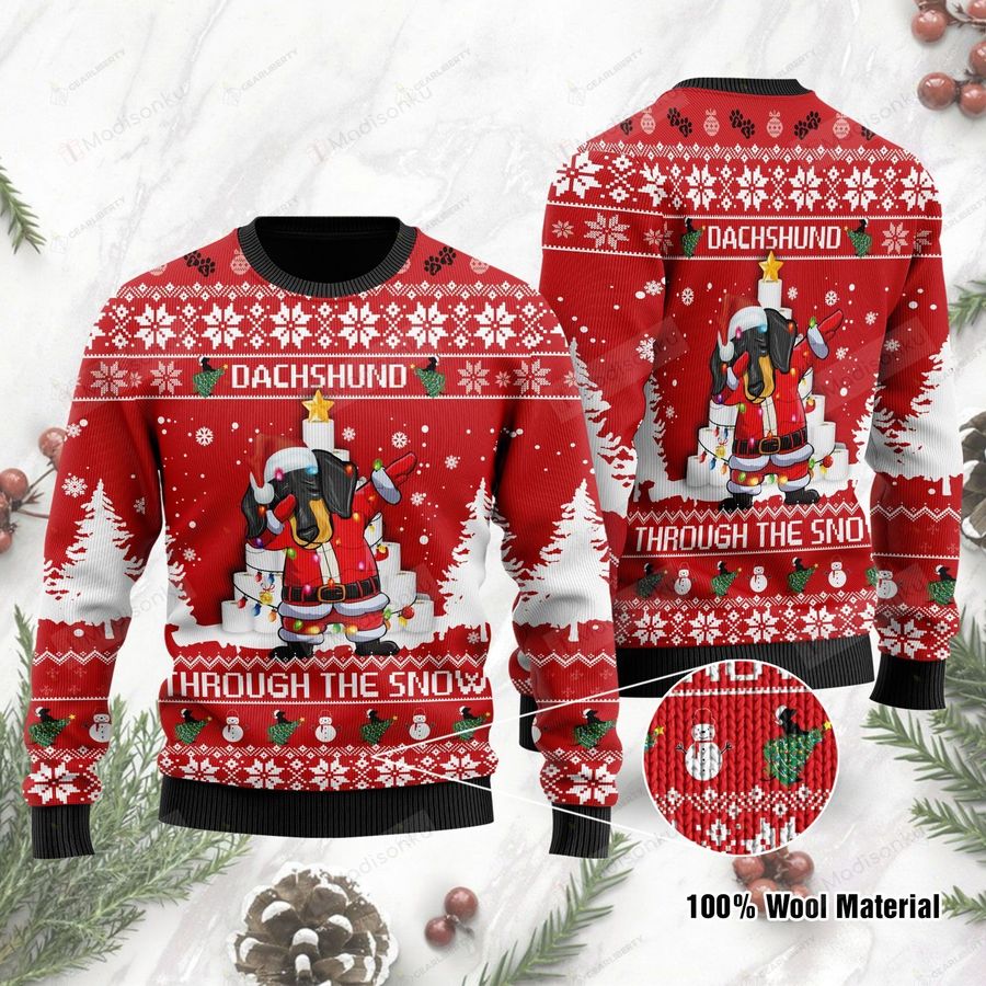 Dachshund Through The Snow With Toilet Paper For Unisex Ugly Christmas Sweater, All Over Print Sweatshirt