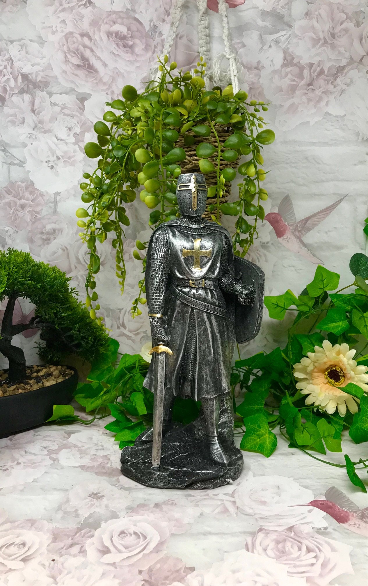 Dark Templar Knight Standing with Sword & Shield Statue Ornament Medieval Style Sculpture