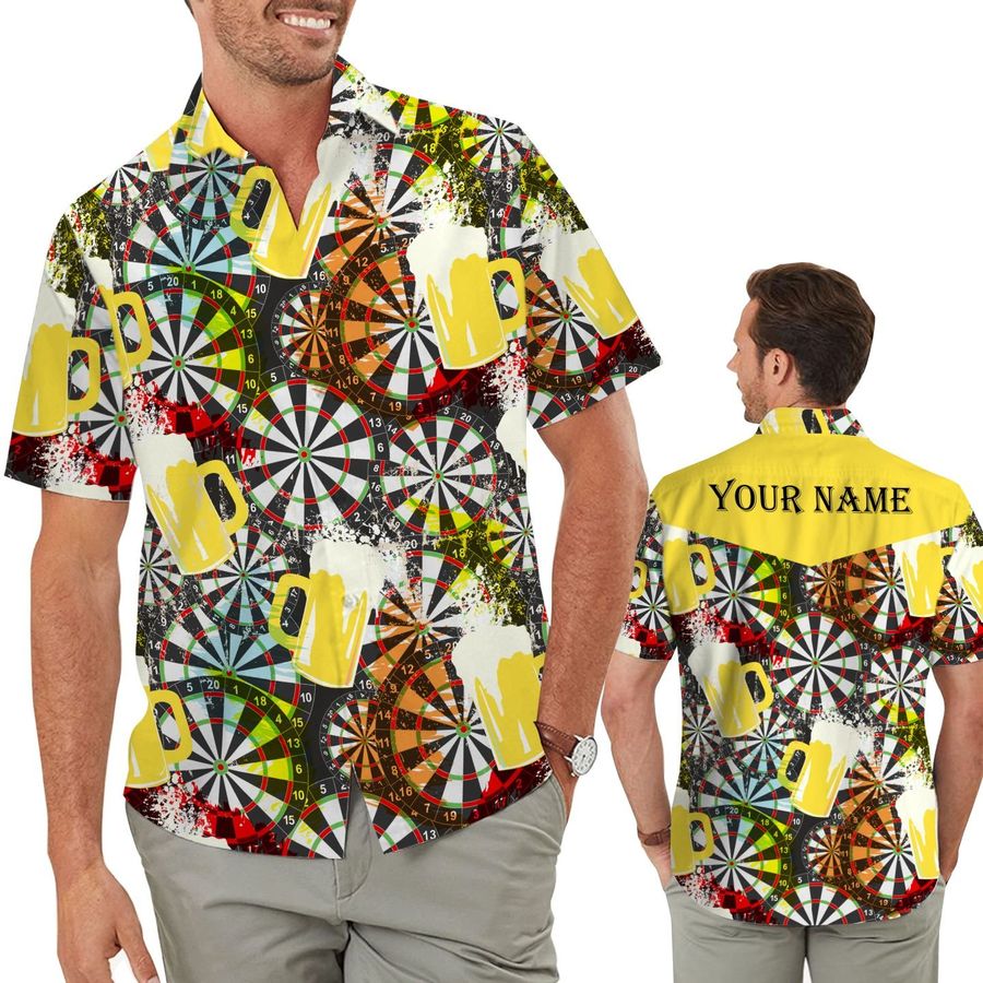 Darts And Beer Custom Name Men Hawaiian Aloha Tropical Beach Button Up Shirt For Boys On Summer Vacation
