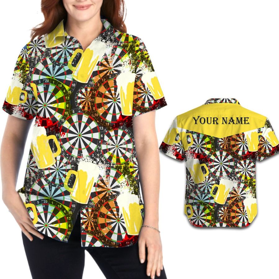 Darts And Beer Custom Name Women Hawaiian Aloha Tropical Beach Button Up Shirt For Boys On Summer Vacation