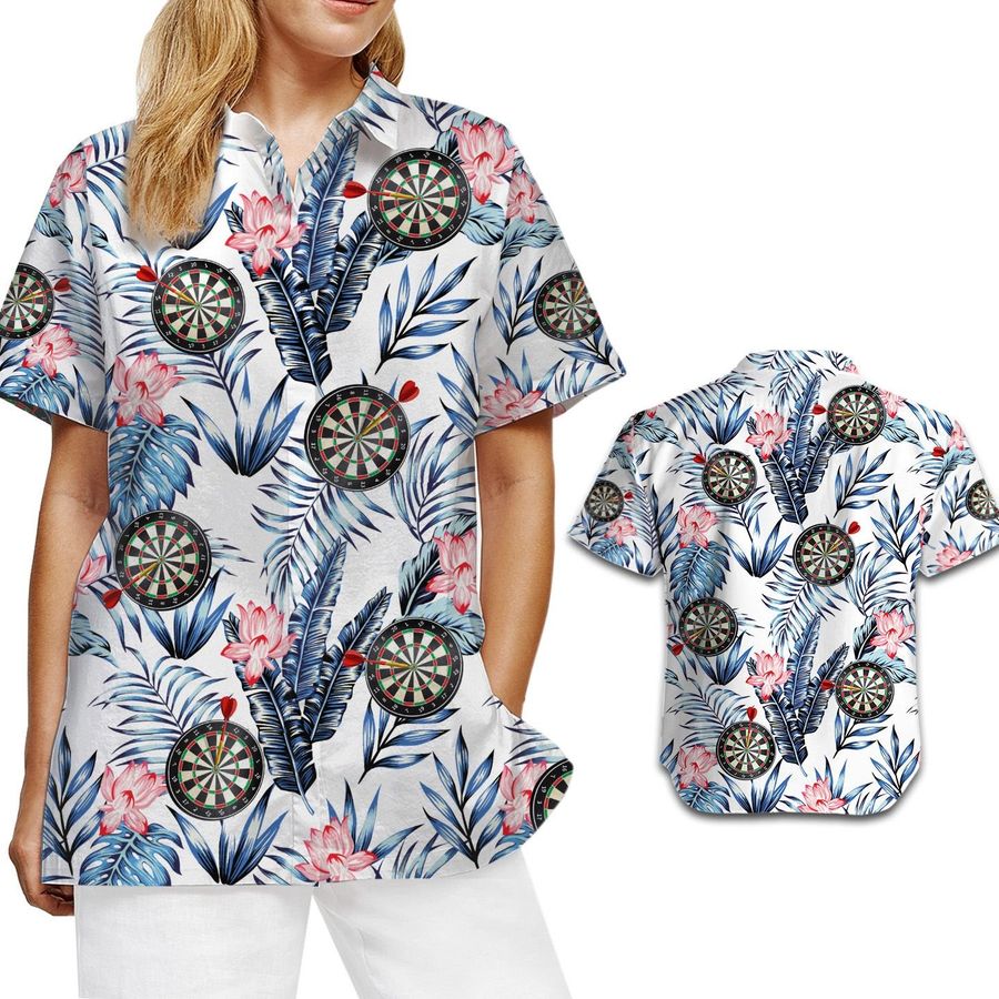 Darts Hawaiian Aloha Tropical Lotus Floral Button Up Women Shirt For Sport Lovers On Beach Summer Vacation