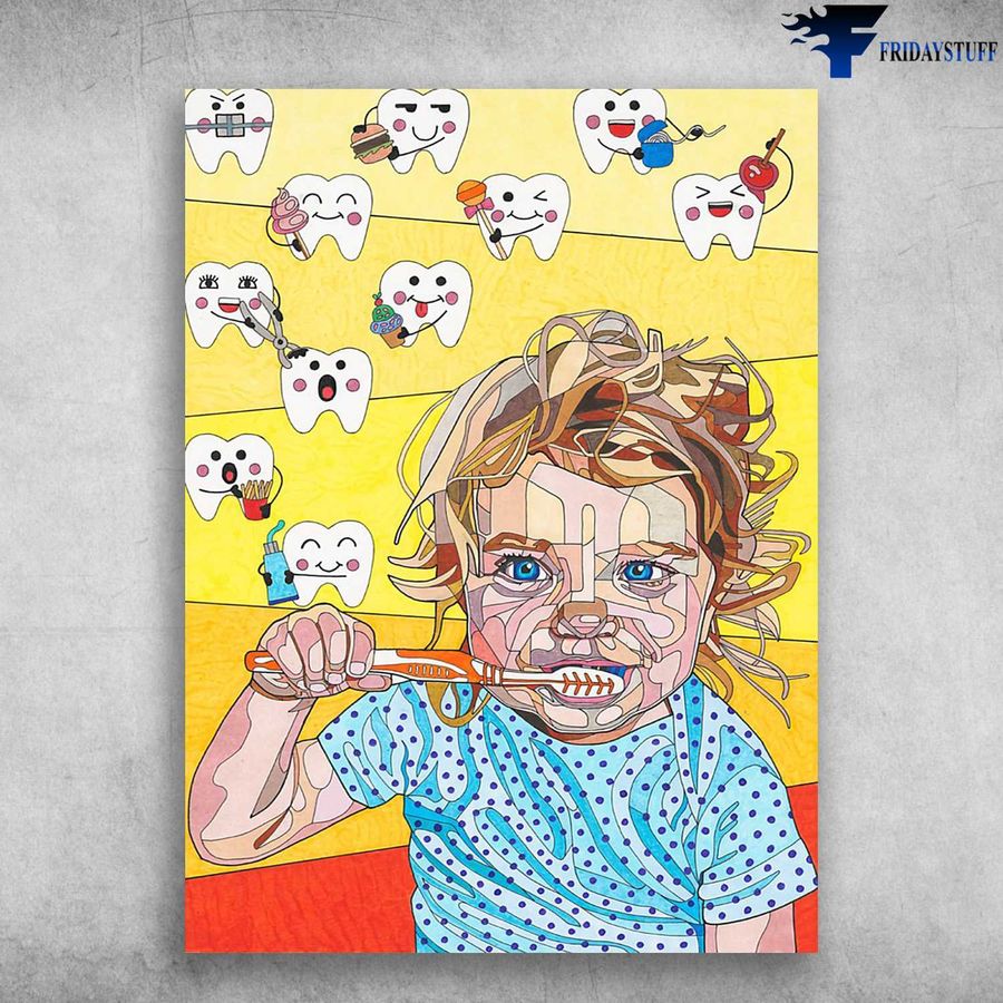 Dentist Poster, Teeth Care, Little Girl Brushing Teeth Poster Home Decor Poster Canvas