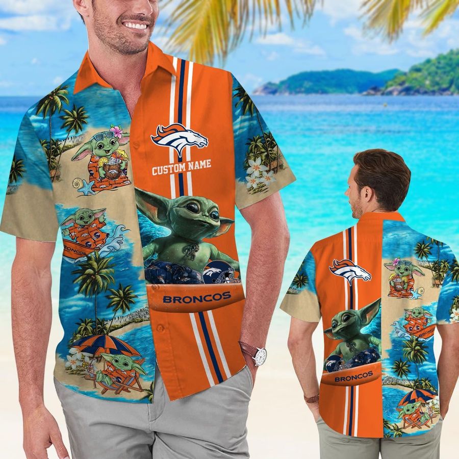 Denver Broncos Baby Yoda Custom Name Short Sleeve Button Up Tropical Aloha Hawaiian Shirts For Men Women