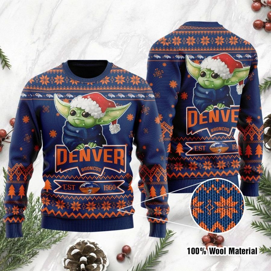 Denver Broncos Cute Baby Yoda Grogu Holiday Party Ugly Christmas Sweater, Ugly Sweater, Christmas Sweaters, Hoodie, Sweatshirt, Sweater