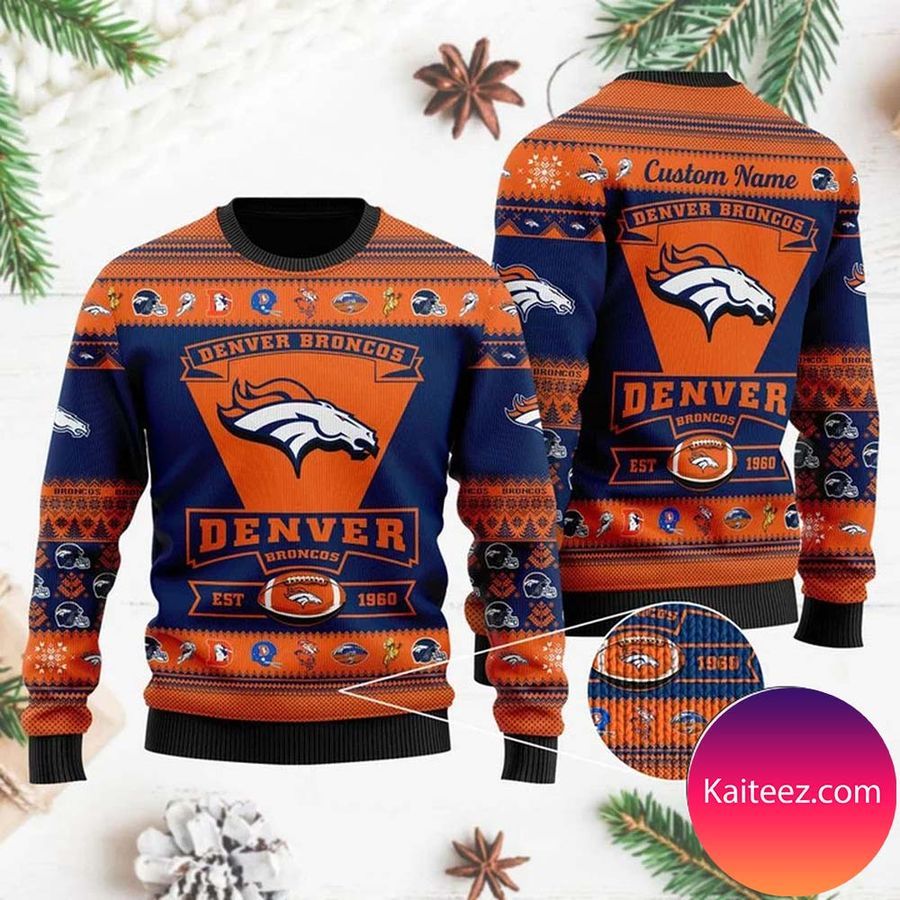 Denver Broncos Football Team Logo Custom Name Personalized Christmas Ugly Sweater