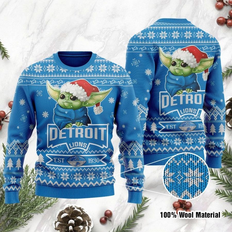 Detroit Lions Cute Baby Yoda Grogu Holiday Party Ugly Christmas Sweater, Ugly Sweater, Christmas Sweaters, Hoodie, Sweatshirt, Sweater