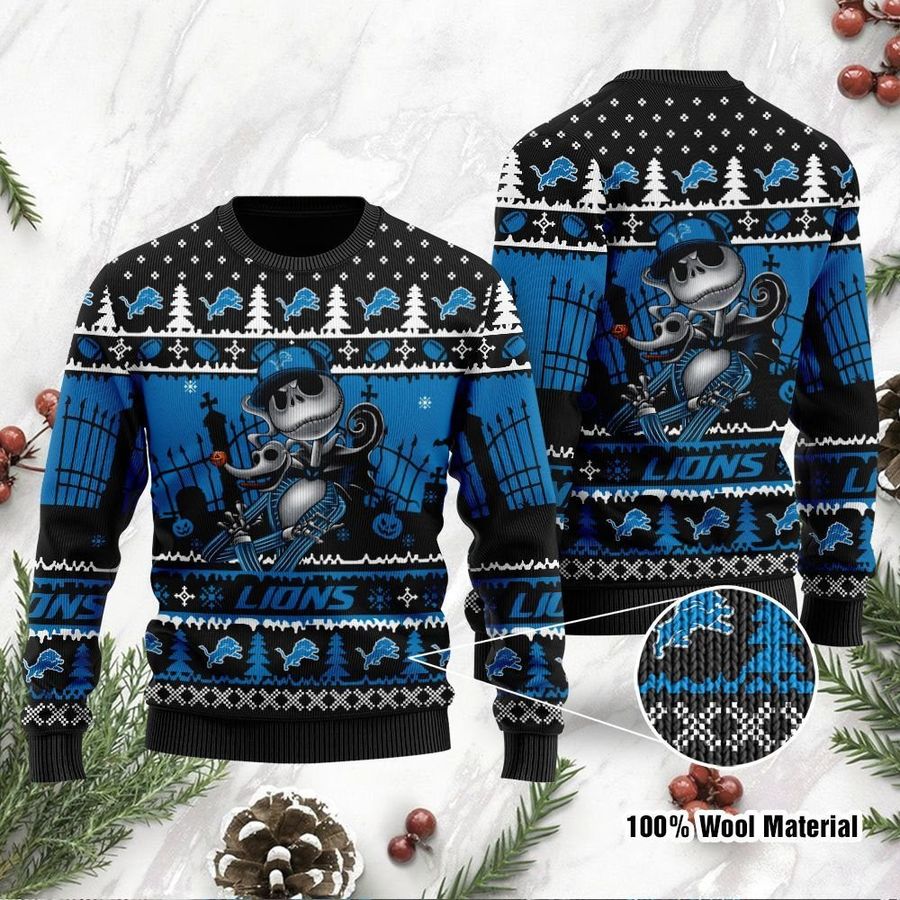 Detroit Lions Jack Skellington Halloween Holiday Party Ugly Christmas Sweater