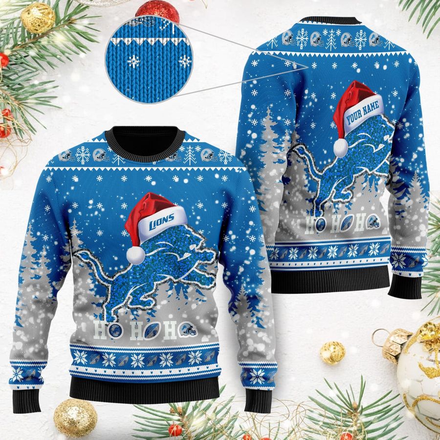 Detroit Lions Symbol Wearing Santa Claus Hat Ho Ho Ho Custom Personalized Ugly Christmas Sweater, Christmas Sweaters, Hoodie, Sweatshirt, Sweater