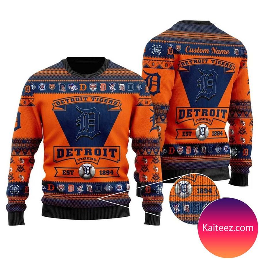 Detroit Tigers Football Team Logo Custom Name Personalized Christmas Ugly Sweater