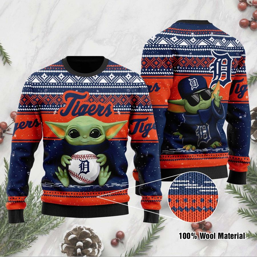 Detroit Tigers Grogu Baby Yoda Hug Logo Ugly Christmas Sweater