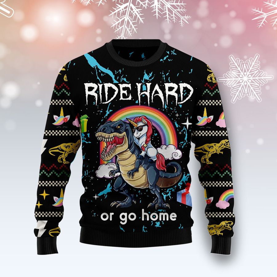 Dinosaur Unicorn Ride Hard T2010 Ugly Christmas Sweater unisex womens & mens, couples matching, friends, funny family sweater gifts