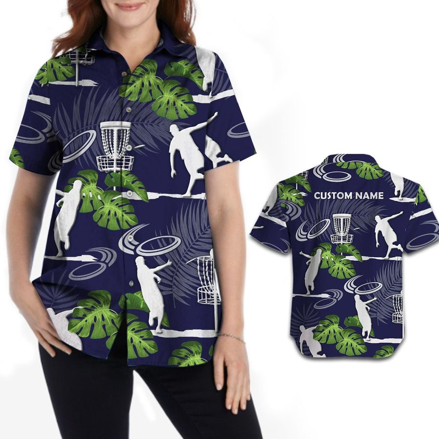 Disc Golf Player Tropical Floral Custom Name Personalized Gift Women Button Up Hawaiian Shirt For Sport Lovers On The Beach Summer