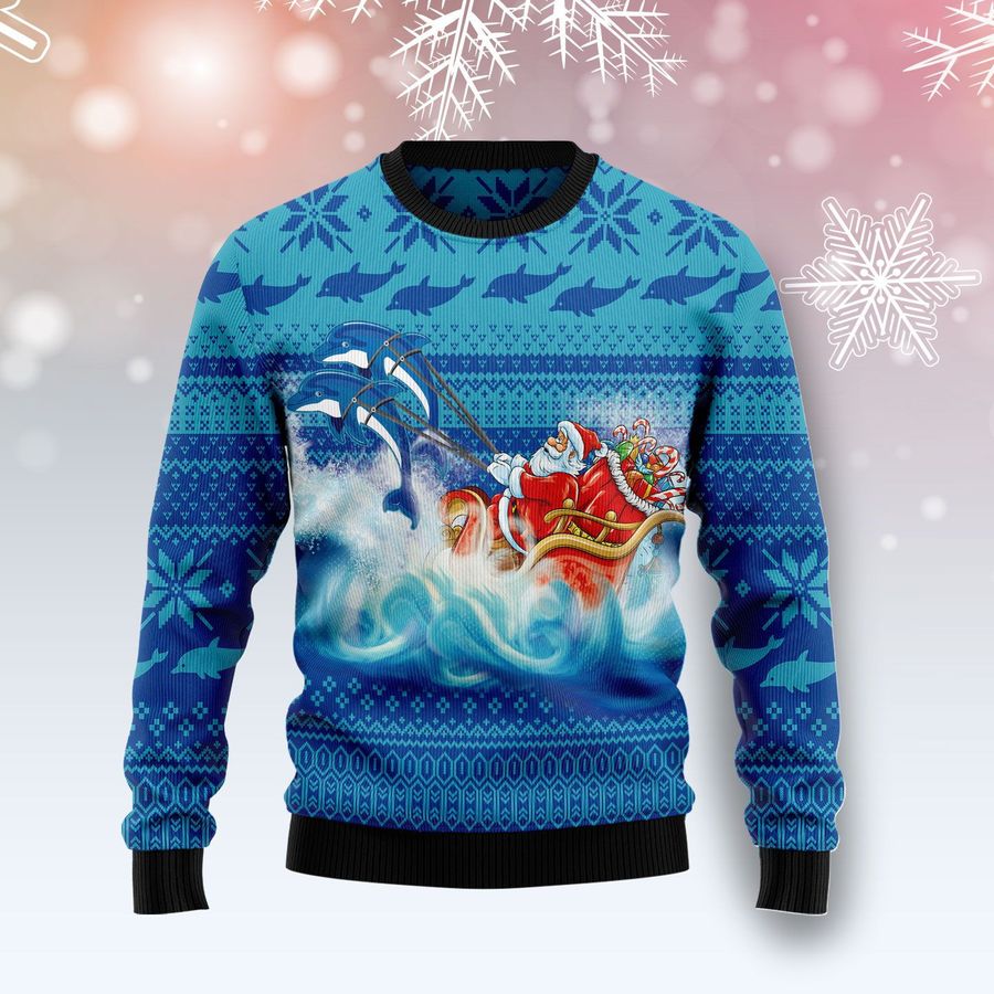 Dolphin Riding The Waves With Santa Ugly Sweater