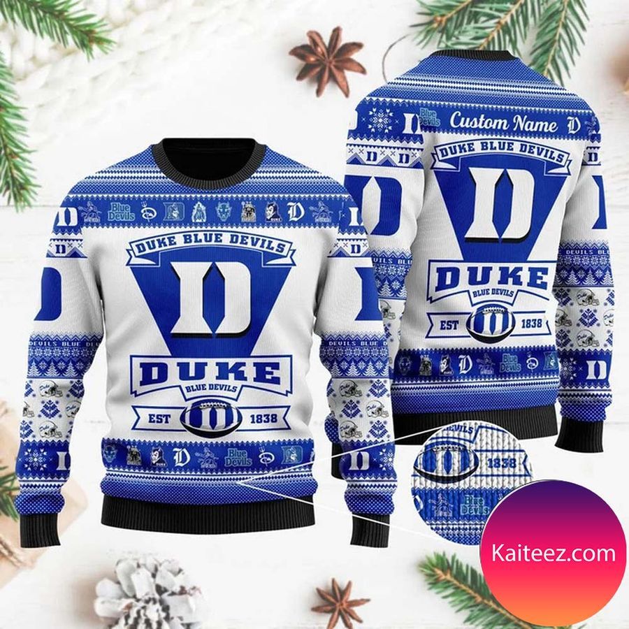 Duke Blue Devils Football Team Logo Custom Name Personalized Christmas Ugly Sweater