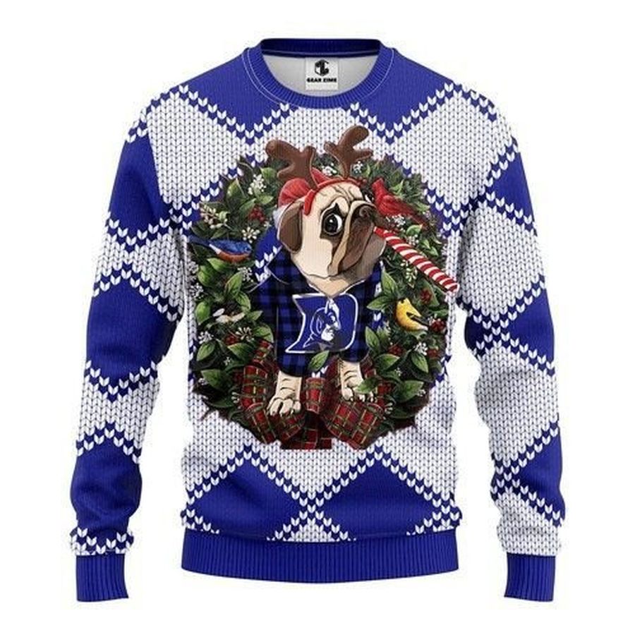 Duke Blue Devils Pug Dog Ugly Christmas Sweater All Over