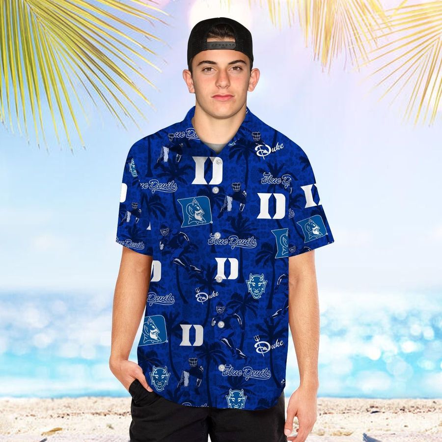 Duke Blue Devils Tropical Beach Coconut Tree Short Sleeve Button Up Tropical Aloha Hawaiian Shirts For Men Women Duke University
