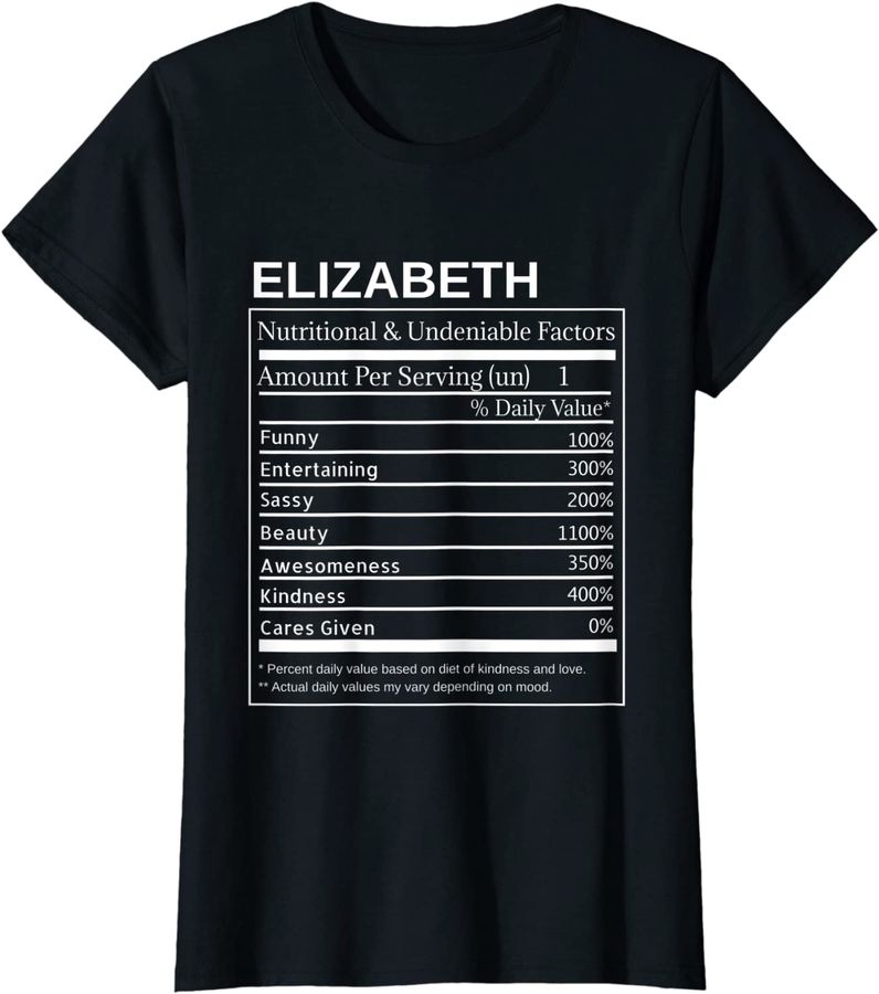 Elizabeth Nutrition Facts Funny Sarcastic Personalized Name