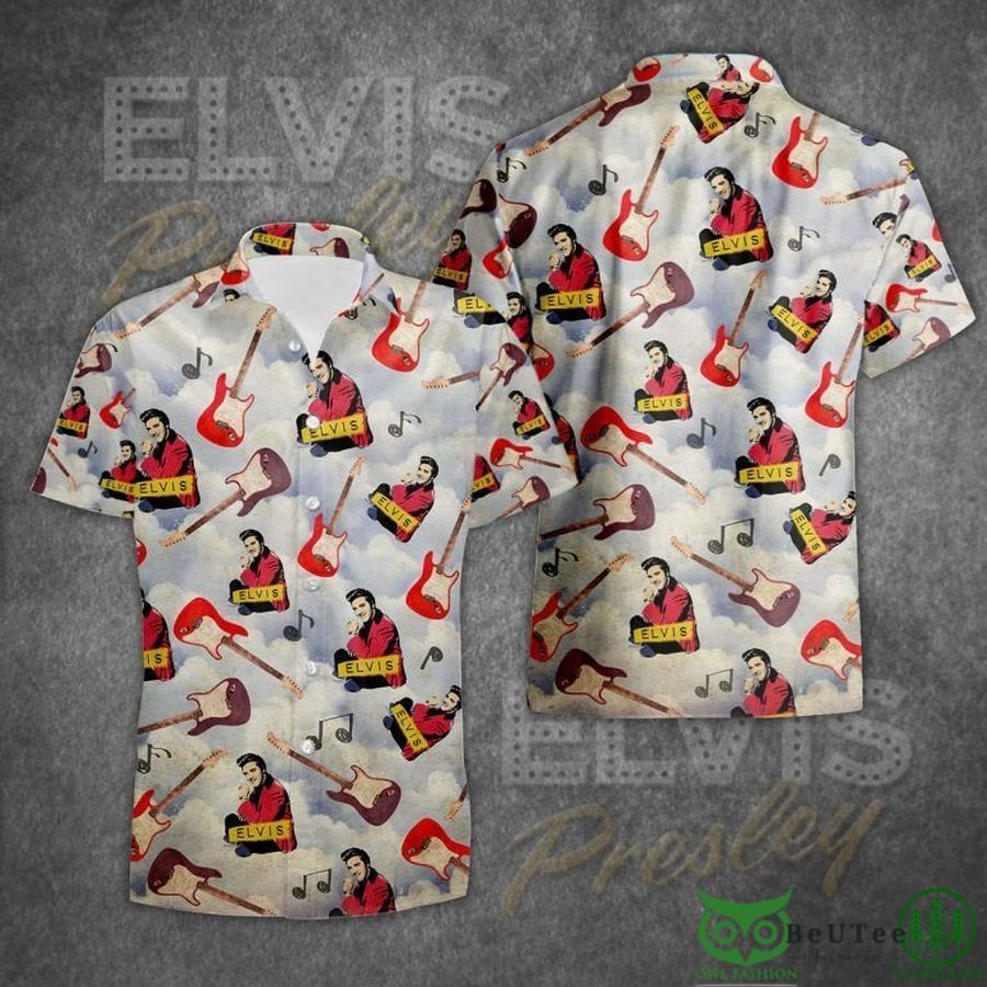 Elvis Presley Red Guitar Multiples Blue Hawaiian Shirt