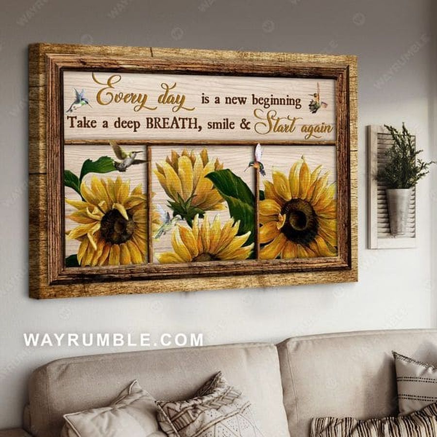 Everyday is a new beginning take a deep breath smile and start again sunflowers birds