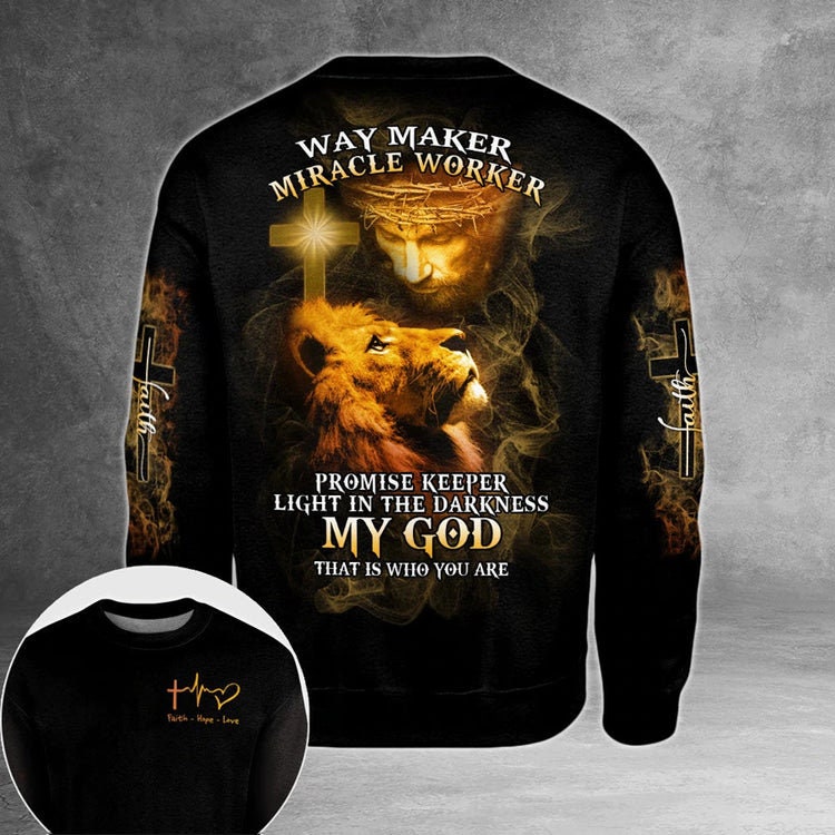 Faith Hope Love God 3D Shirt Way Maker Miracle Worker Lion With Cross 3D All Over Print Shirt Hoodie, God Worship Lion God