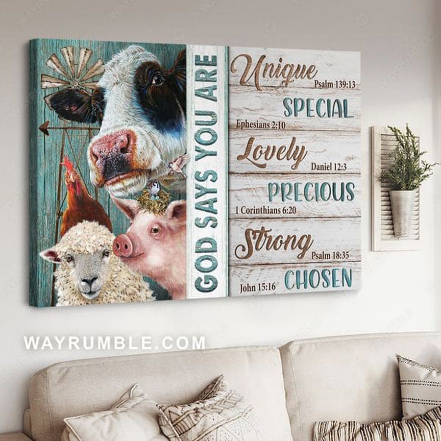 Farmer Poster, Sheep Pig Dairy Cow, God Says You Are Unique Special Lovely Precious Strong Chosen Forgiven, Wall Decor Poster