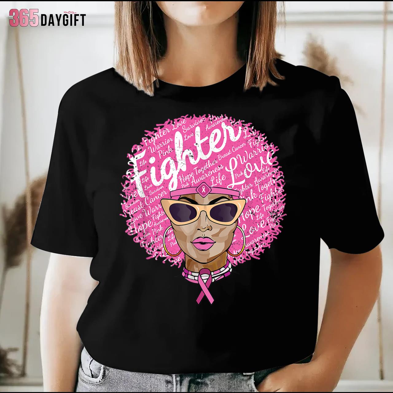 Fighter Pink Ribbon Neck For Mom Breast Cancer Awareness Shirts