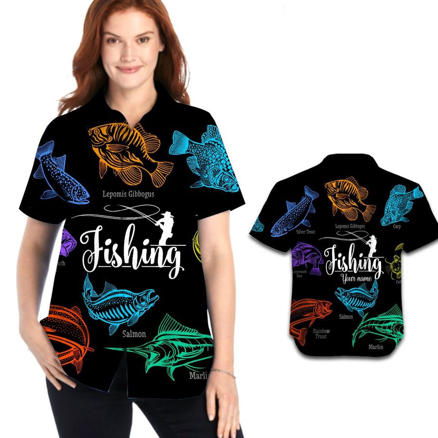 Fishing Fishes Custom Name Women Hawaiian Shirt For Fishing Lovers