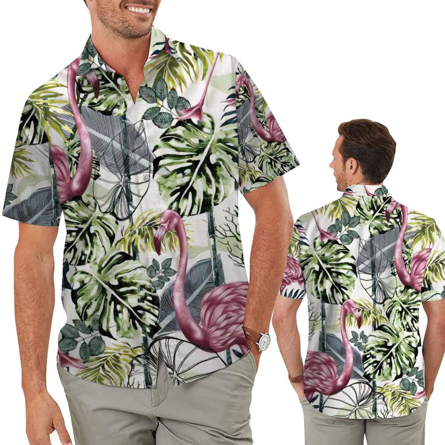 Flamingo Vintage Tropical Leaves Men Aloha Hawaiian Button Up Shirt For Flamingo Lovers In Beach Summer Vacation