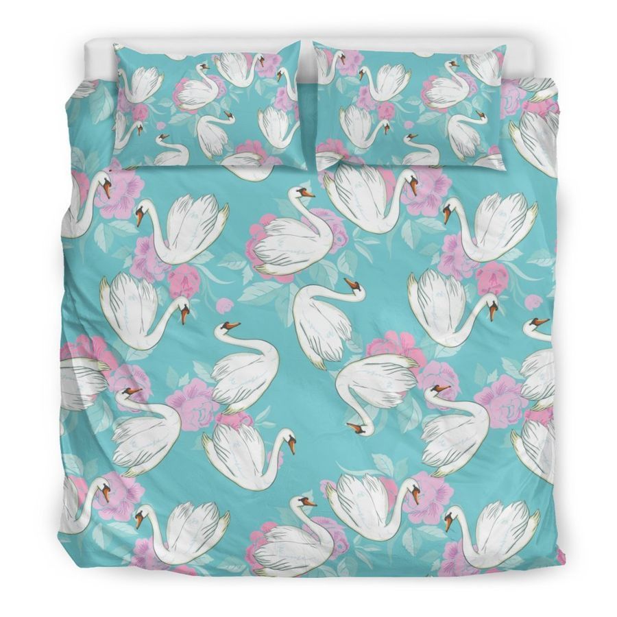 Floral Swan Pattern Print Duvet Cover Bedding Set