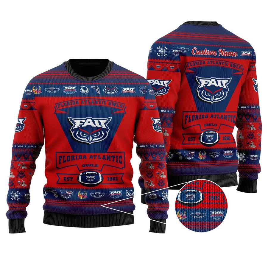 Florida Atlantic Owls Football Team Logo Personalized Ugly Christmas Sweater, Ugly Sweater, Christmas Sweaters, Hoodie, Sweatshirt, Sweater