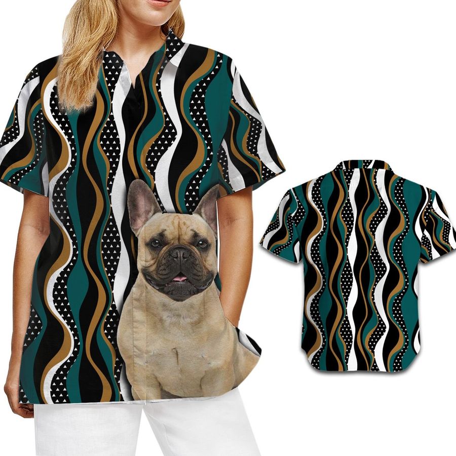 French Bulldog Hawaiian Aloha Tropical Floral Women Beach Button Up Shirt For Dog Owner And Pet Lover On Summer Vacation