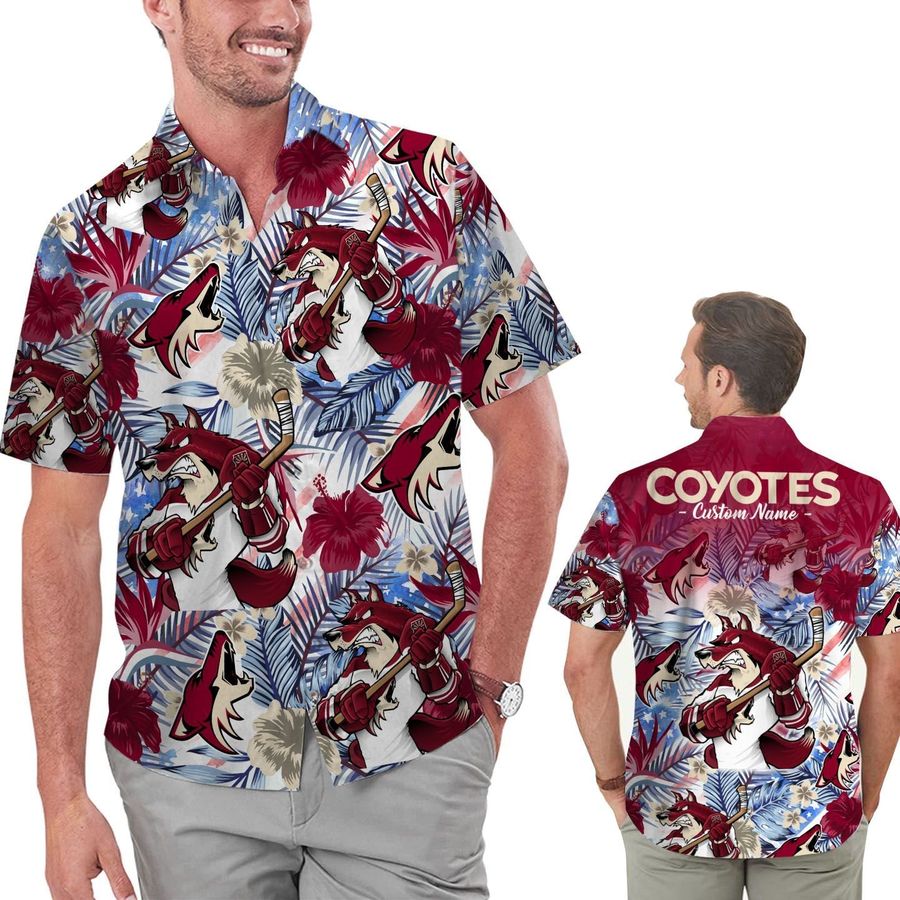 Funny Arizona Coyotes Tropical Floral America Flag Custom Name Personalized Men Women Aloha Hawaiian Shirt Short For Hockey Lovers
