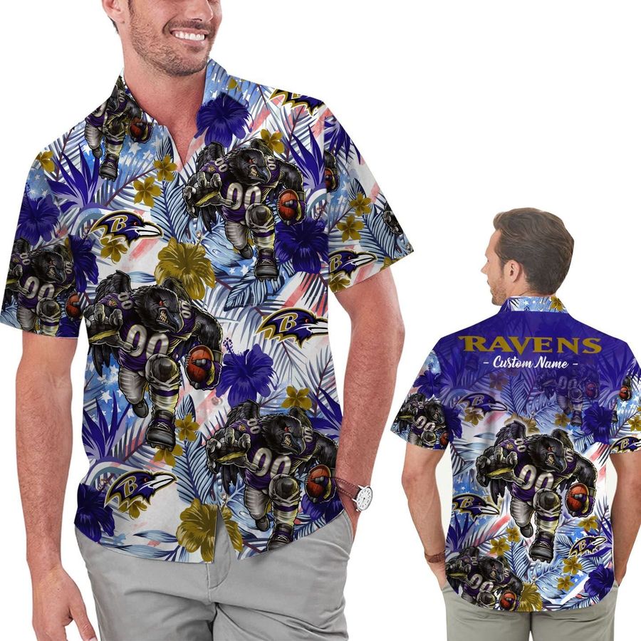 Funny Baltimore Ravens Tropical Floral America Flag Custom Name Personalized Men Women Aloha Hawaiian Shirt Short For Football Lovers