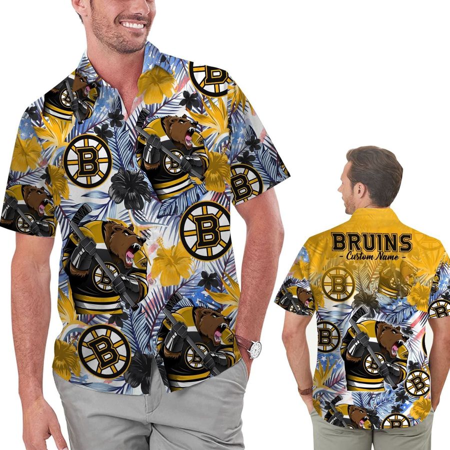 Funny Boston Bruins Tropical Floral America Flag Custom Name Personalized Men Women Aloha Hawaiian Shirt Short For Hockey Lovers