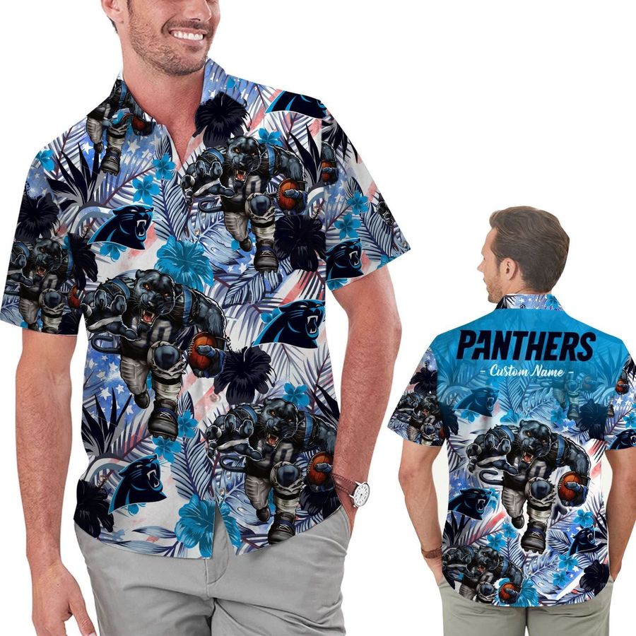 Funny Carolina Panthers Tropical Floral America Flag Custom Name Personalized Men Women Aloha Hawaiian Shirt Short For Football Lovers