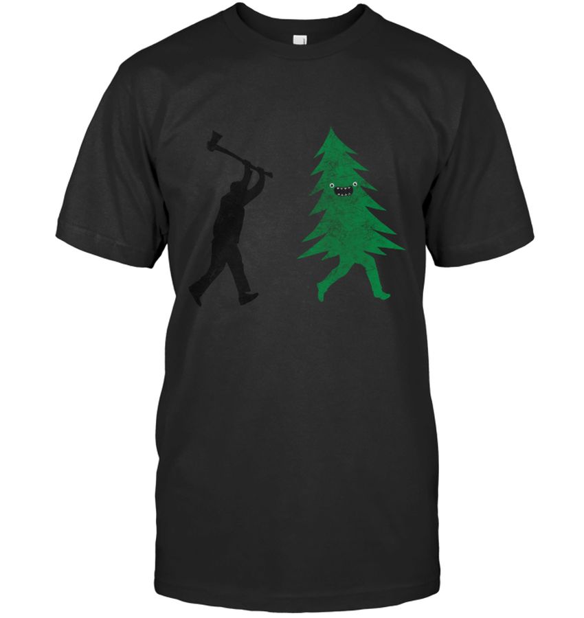 Funny Cartoon Christmas tree is chased by Lumberjack T-shirt, Sweatshi, Hoodie