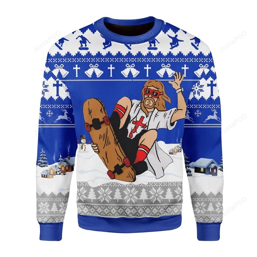 Funny Christmas Jesus Skateboarding On Snow Ugly Christmas Sweater, All Over Print Sweatshirt, Ugly Sweater, Christmas Sweaters, Hoodie, Sweater