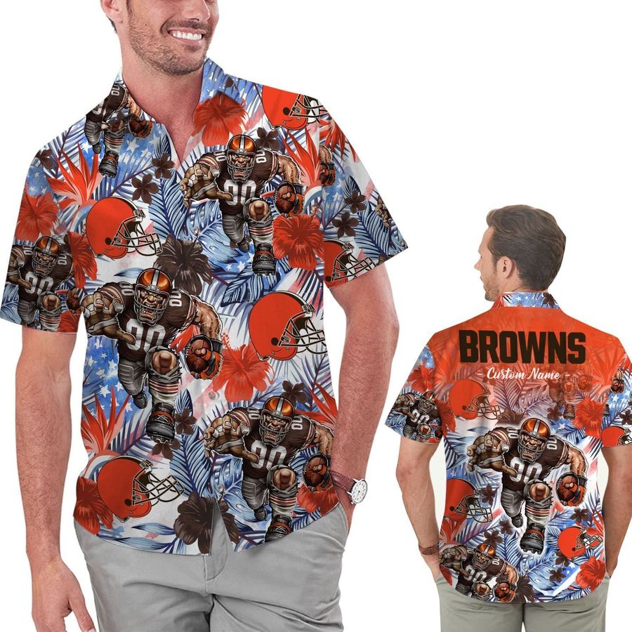 Funny Cleveland Browns Tropical Floral America Flag Custom Name Personalized Men Women Aloha Hawaiian Shirt Short For Football Lovers